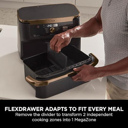 Ninja Foodi FlexDrawer Air Fryer, Dual Zone with Removable Divider, Large 10.4L Drawer, 7-in-1, Air-Fryer, Air Fry, Roast, Bake, Crisp, Non-Stick Dishwasher Safe Parts, Black and Copper, AF500UKCP