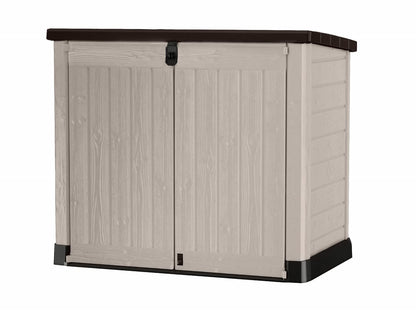 Keter Store It Out Pro Outdoor Garden Furniture Storage Shed Beige with Brown Lid Fade Free All Weather Resistant Safe and Secure Zero Maintenance 5 year Warranty