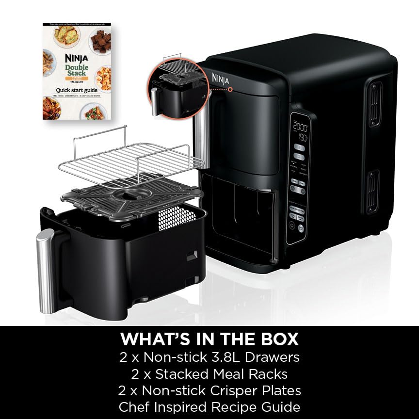 Ninja Double Stack Air Fryer, Vertical Dual Drawer Air Fryer with 4 cooking levels, 2 Drawers and 2 Racks, Space Saving Design, 7.6L Capacity, 6 Cooking Functions, 6 Portions, Black SL300UK