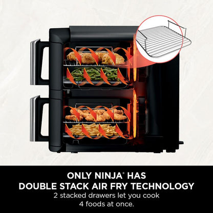 Ninja Double Stack Air Fryer, Vertical Dual Drawer Air Fryer with 4 cooking levels, 2 Drawers and 2 Racks, Space Saving Design, 7.6L Capacity, 6 Cooking Functions, 6 Portions, Black SL300UK