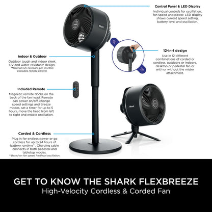 Shark FlexBreeze High-Velocity 12 in 1 Fan, Hybrid Corded & Cordless Portable Cooling Fan, Indoor & Outdoor, with Remote Control, Adjustable Tilt, UV & Water-Resistant, Powerful & Quiet, Black FA220UK