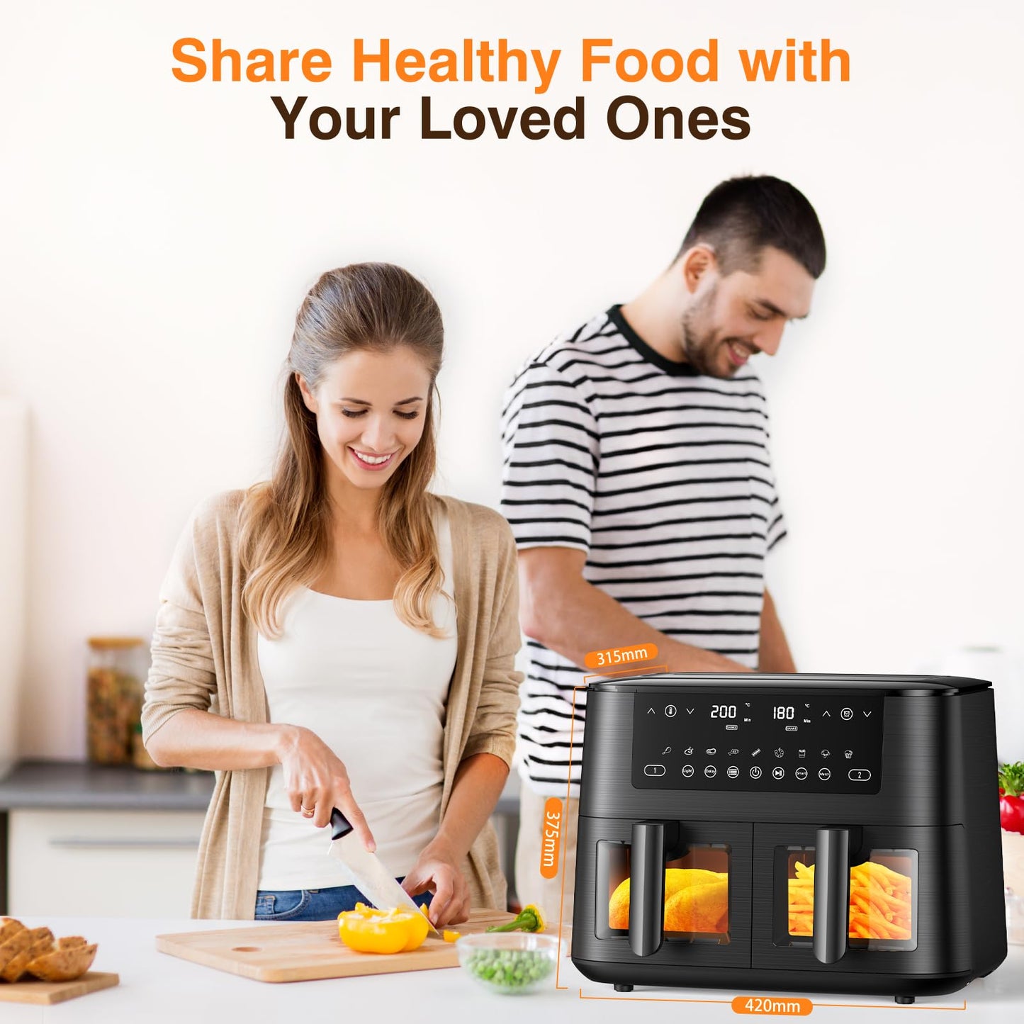 9L Dual Air Fryer with Visual Window, XL Large Capacity, 2 Drawers, 9-In-1 Cooking Presets, Touch Screen, Smart Finish, Timer Function, Dishwasher-Safe, Healthy Oil Free & Low Fat Cooking