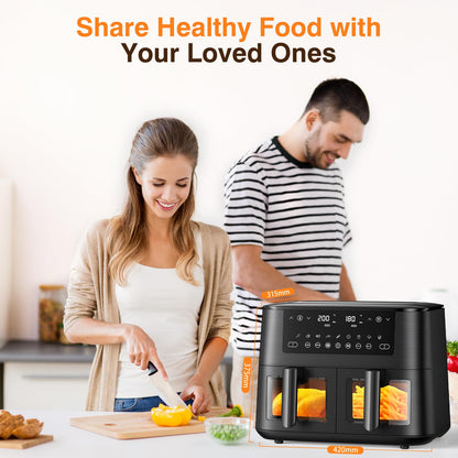 9L Dual Air Fryer with Visual Window, XL Large Capacity, 2 Drawers, 9-In-1 Cooking Presets, Touch Screen, Smart Finish, Timer Function, Dishwasher-Safe, Healthy Oil Free & Low Fat Cooking