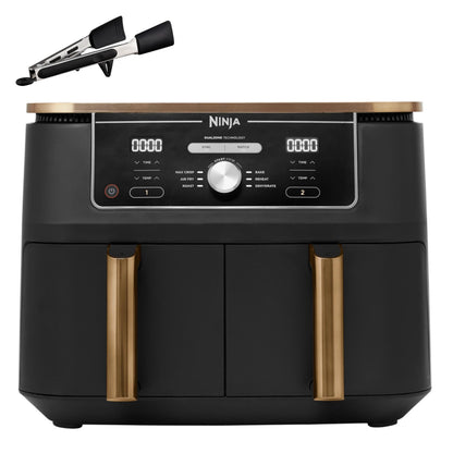 Ninja Foodi MAX Dual Zone Air Fryer, Amazon Exclusive, Tongs, 2 Drawers, 9.5L, 6-in-1, Use No Oil, Air Fry, Max Crisp, Roast, Bake, 8 Portions, Nonstick Dishwasher Safe Baskets, Copper/Black AF400UKCP