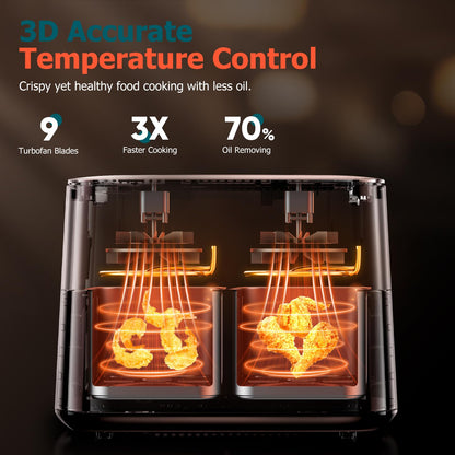 9L Dual Air Fryer with Visual Window, XL Large Capacity, 2 Drawers, 9-In-1 Cooking Presets, Touch Screen, Smart Finish, Timer Function, Dishwasher-Safe, Healthy Oil Free & Low Fat Cooking
