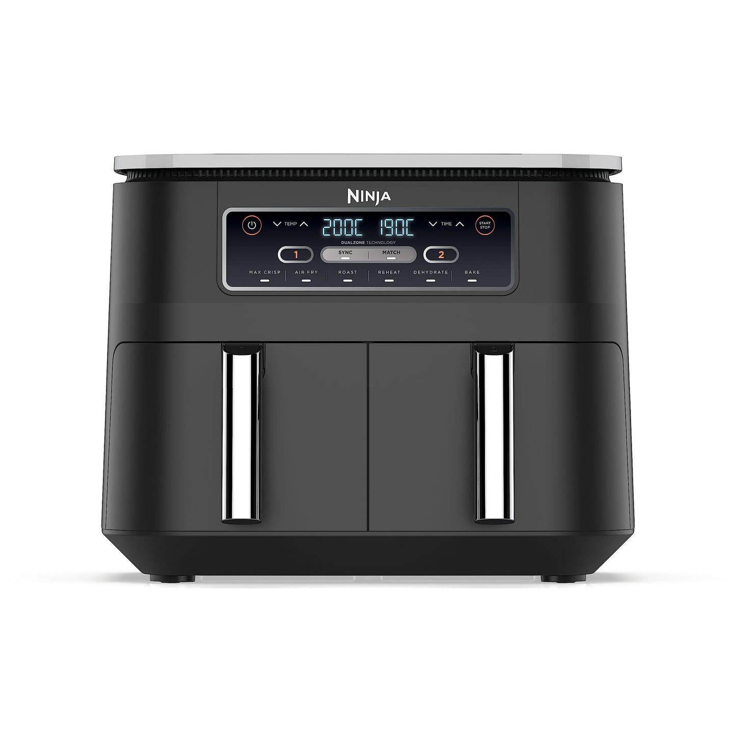 Ninja Foodi Dual Zone Digital Air Fryer, 2 Drawers, 7.6L, 6-in-1, Uses No Oil, Air Fry, Max Crisp, Roast, Bake, Reheat, Dehydrate, Cooks 4-6 Portions, Non-Stick, Dishwasher Safe Baskets, Black AF300UK