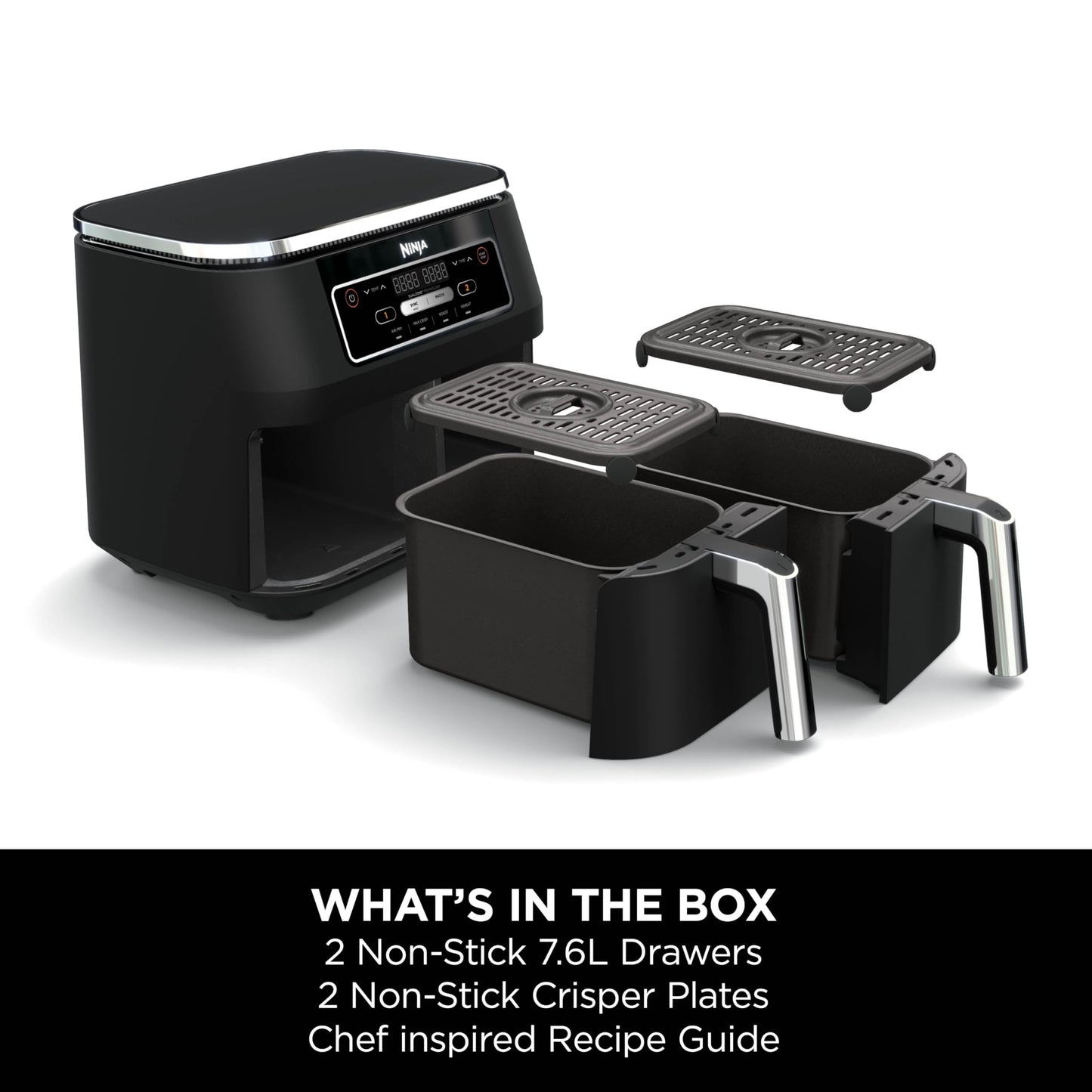 Ninja Foodi Dual Zone Digital Air Fryer, 2 Drawers, 7.6L, 4-in-1, Uses No Oil, Air Fry, Max Crisp, Roast, Reheat, Non-Stick, Dishwasher Safe Baskets and Crisper Plates, Black AF200UK