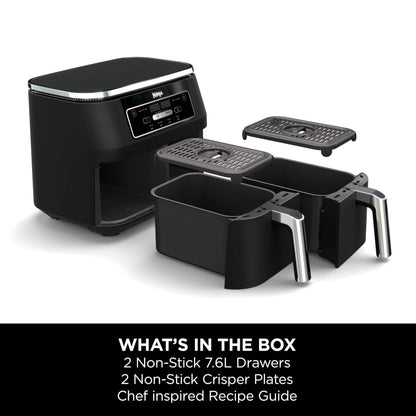 Ninja Foodi Dual Zone Digital Air Fryer, 2 Drawers, 7.6L, 4-in-1, Uses No Oil, Air Fry, Max Crisp, Roast, Reheat, Non-Stick, Dishwasher Safe Baskets and Crisper Plates, Black AF200UK